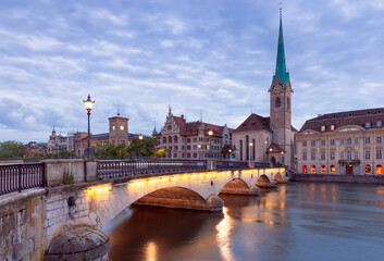 Fototapeta premium Zurich. View of the city embankment and the facades of old houses.