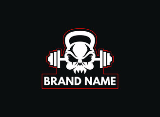 fitness logo template with skull and dumbbells vector illustration
