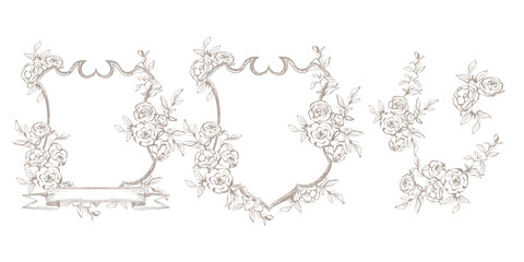 Vintage floral wedding crest, minimal botanical lineart, floral wreath, floral border and frames, floral arrangement - obrazy, fototapety, plakaty