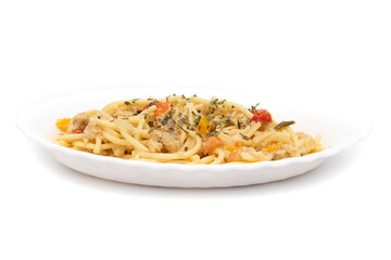 Spaghetti carbonara on a long white plate, isolated on white background. Carbonara is an Italian...