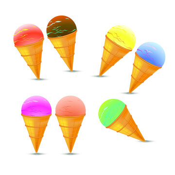 Different varieties of ice cream in cones, isolated on a white background. Vector image.