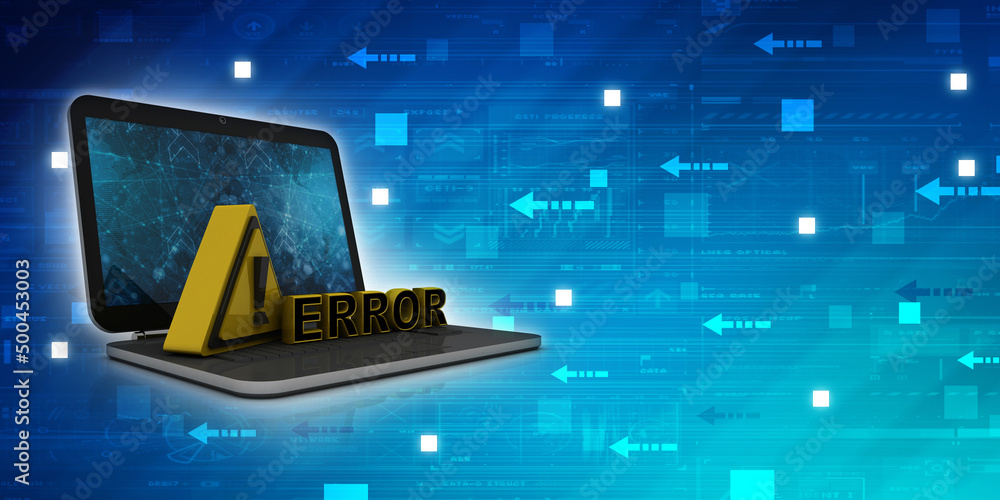 Poster 3d rendering exclamation sign with error in laptop