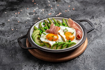 Tasty breakfast. avocado, asparagus, jamon, ham, prosciutto and fried egg on white plate. Ketogenic diet. Low carb high fat breakfast, top view