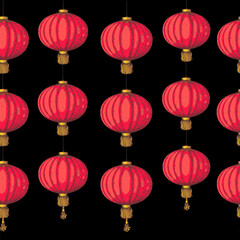 Chinese lanterns seamless pattern. Hand drawn vector illustration. Seamless background. Asian new year red lanterns. Design template. Vintage illustration.