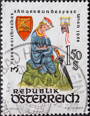 Austria - circa 1958: a postage stamp from Austria, showing a woman at the time of Minnesang....