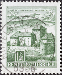 Austria - circa 1967: a postage stamp from Austria, showing the historic buildings of Schattenburg,...