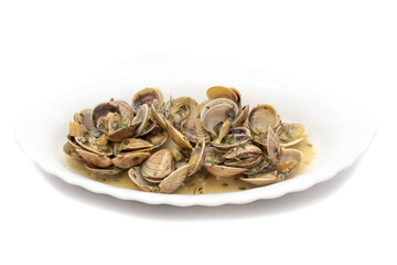 Fototapeta na wymiar Clams dish with garlic, parsley, olive oil. Served hot. Isolated on white background. Spanish food.