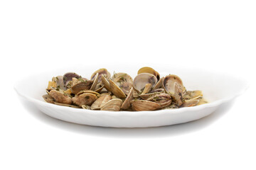 Clams dish with garlic, parsley, olive oil. Served hot. Isolated on white background. Spanish food.