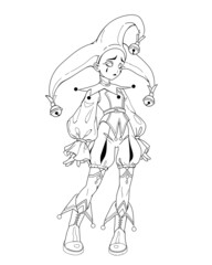 cute sad theatrical harlequin in costume and hat