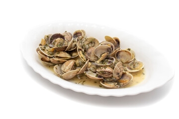 Fototapeta na wymiar Clams dish with garlic, parsley, olive oil. Served hot. Isolated on white background. Spanish food.