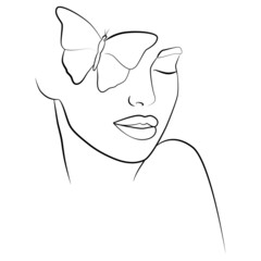 Drawing in the style of one line. A woman's face with a composition in the form of a butterfly. Hand-drawn vector linear art illustration.