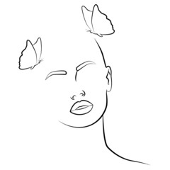 Abstract face with a butterfly. Portrait in a minimalist style.