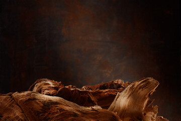 Fragments of splintered wood in front of rusty background. Ready for product montage. Place to insert. Shallow depth of field