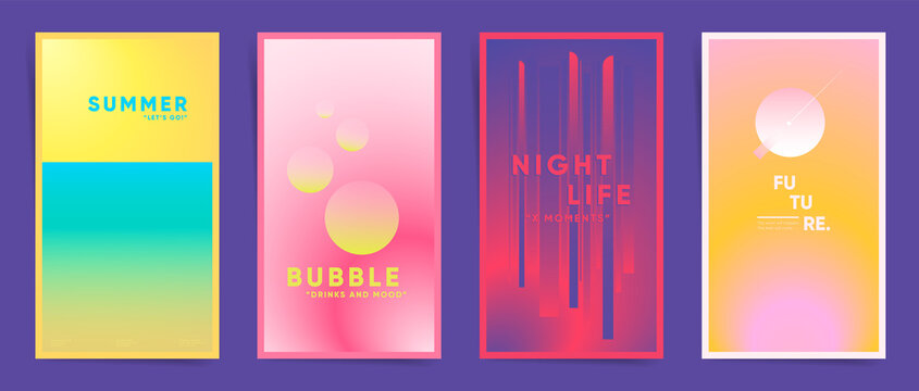 Holographic Summer Modern Gradient Stories, Cover Template Design Set For Poster, Social Media Post And Stories Frames. Blurry Futuristic 70s Vintage Gradient Post. Vector Aesthetic Springtime Kit.	