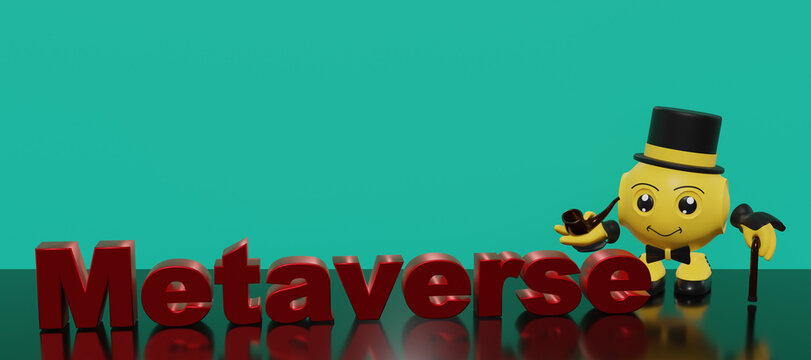 Text Metaverse in rot mit lustigem 3d Character. 3d Rendering