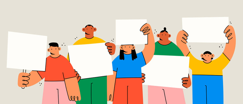 Group of diverse people standing and holding blank empty white Banners. Advertising, protest, demonstration, revolution, meeting concept. Cartoon characters. Hand drawn Vector illustration