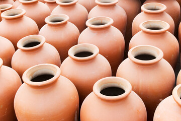 KOLKATA, WEST BENGAL , INDIA - NOVEMBER 23RD 2014 : terracotta pots, artworks of handicraft, on...