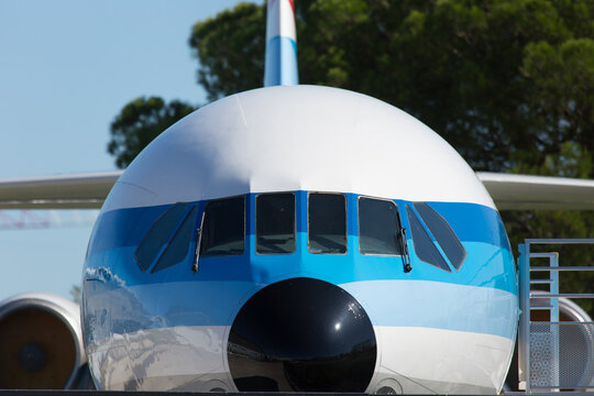 Old Passenger Airplane. Front View. Nose Of Aircraft Close Up.