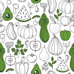 Vegetables and fruits seamless pattern. Scandinavian style illustration. Minimalist design. Hand drawn vector illustration. Healthy organic food.