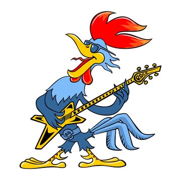 Cartoon rooster with a guitar isolated on white. Vector image of a cheerful rooster with a guitar. Cartoon rooster plays the electric guitar. A funny cockerel sings a song.
