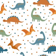 A simple set of dinosaurs. colored dinosaurs and dots. white background. vector illustration. Fashionable print for textiles, wallpaper and packaging.