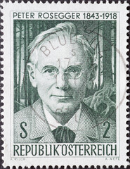 Austria - circa 1968: a postage stamp from Austria, showing a portrait of the poet and writer Peter Rosegger. 50th Memorial Anniversary