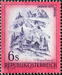 Austria - circa 1975 : a postage stamp from Austria, showing a landscape in the Alps with Lindauer...
