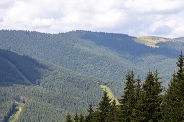 Panorama of mountains in the Ukrainian Carpathians on a summer sunny day.