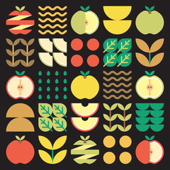 Apple icon abstract artwork. Design illustration of colorful apple pattern, leaves, and geometric symbols in minimalist style. Whole fruit, cut and split. Simple flat vector on a black background.