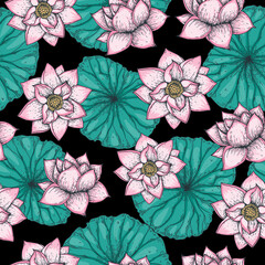 Lotus flower. Seamless pattern. Vector illustration. Tattoo print. Hand drawn illustration for t-shirt print, fabric and other uses.
