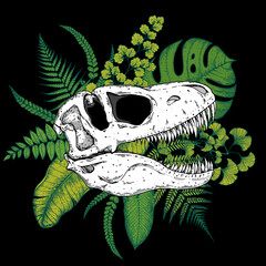 Tyrannosaurus rex and palm leaves hand drawn illustration. Tattoo vintage print. Hand drawn floral print. Tattoo design. Jungle print. Tropical illustration. © vidimages
