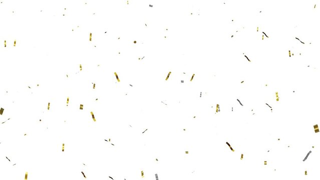 Slow motion. Close up. Gold confetti explosions pack on white background with green screen. Colorful ribbons flying. Concept: party, birthday, surprise, invitation e-card. Confetti dropping 4k 