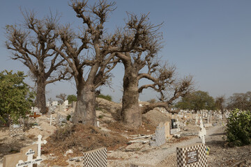 Cemetery in Joal-Fadiout village, Senegal, Africa. Shell road. Joal-Fadiout landmark, monument. Joal-Fadiout cemetery. Graves. Senegal landscape, African cemetery