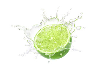 Fresh lime juice splashing isolated on white background.