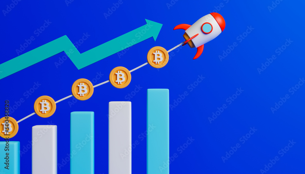 Poster 3d rendering concept cryptocurrency illustration. increasing of bitcoin price represent by flying ro