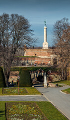 Kalemegdan fortress and Victor monument Belgrade, Usce Sava and Danube confluence view at sunny day - obrazy, fototapety, plakaty