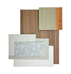 interior material board containing ash and oak veneers, fabric laminateds, grainy quartz stone, oak...
