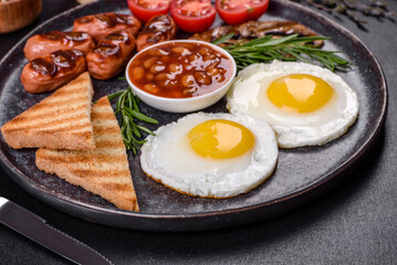 Full english breakfast with bean, fried eggs, roasted sausages, tomatoes and mushrooms