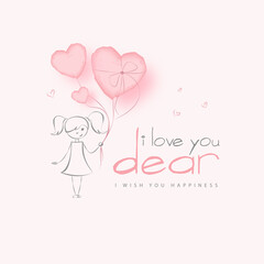 I love you dear pink card with a girl holding hearts