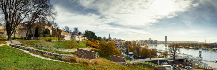 Autumn panorama of Belgrade Kalemegdan fortress, Victor Monument, Sava river and Belgrade Tower by day