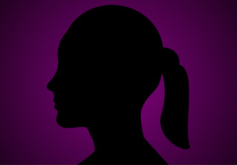 Silueta negra de mujer con coleta sobre degradado morado y negro