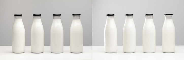 Packaging for dairy products, glass bottles for milk isolated on white background. Unmarked bottles filled with milk.
