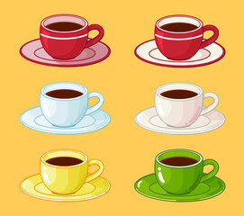 six coffee cups with saucers in different colors