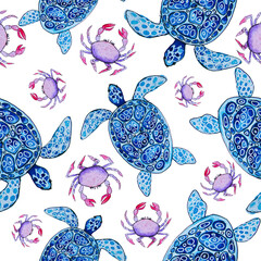 Marine drawing turtle and crab. Seamless pattern. Watercolor drawing on a white background.