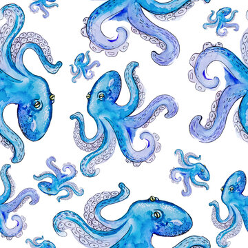 Sea drawing octopus. Seamless pattern. Watercolor drawing on a white background.