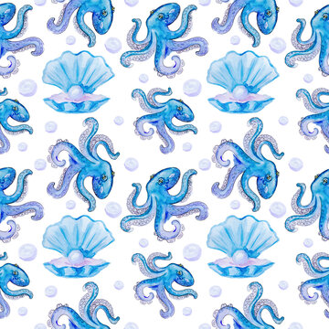 Marine drawing octopus and pearl shell. Seamless pattern. Watercolor drawing on a white background.