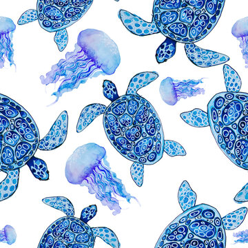 Marine drawing turtle and jellyfish. Seamless pattern. Watercolor drawing on a white background.