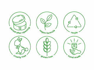 Set of information icons for labeling and packaging of green cosmetics with inscriptions