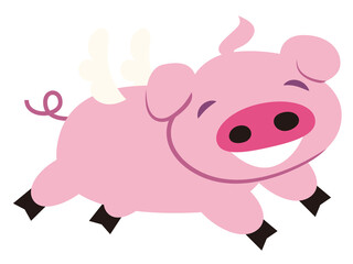 It is an illustration of a flying pink pig with feathers.