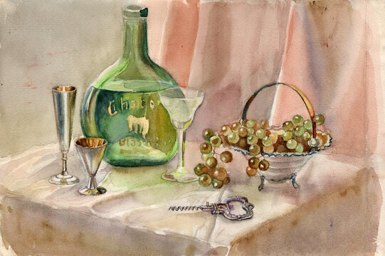 Watercolor still life painting, a bottle of green transparent glass with brandy, cupronickel gilding cognac glasses, a silver metal corkscrew, an engraved crystal wine glass, vase with green grapes
